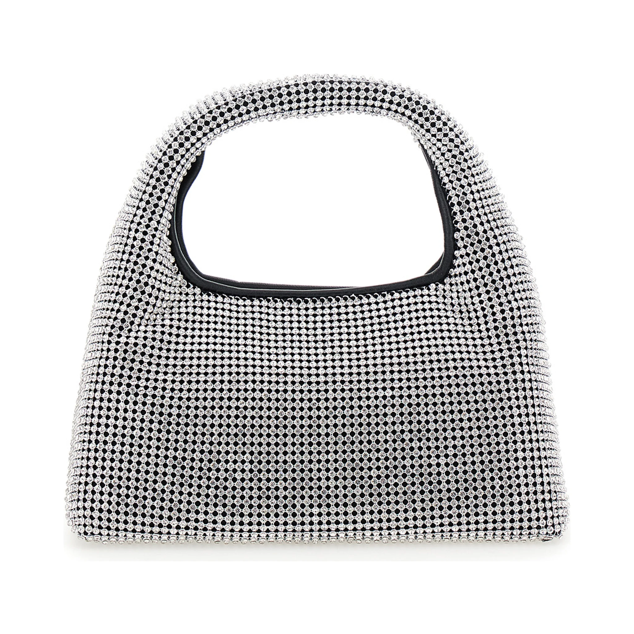 حقيبة يد صغيرة معدنية مزينة بشعار في الخلف ومزينة بالكامل بالكريستال، مصنوعة من قماش تقني نسائي