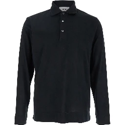 Black Polo with Classic Collar and Long Sleeves in Cotton and Silk Blend Man