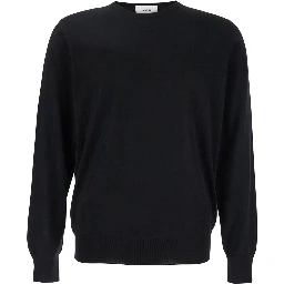 Black Round Neck Sweater with Long Sleeves in Wool and Silk Blend Man