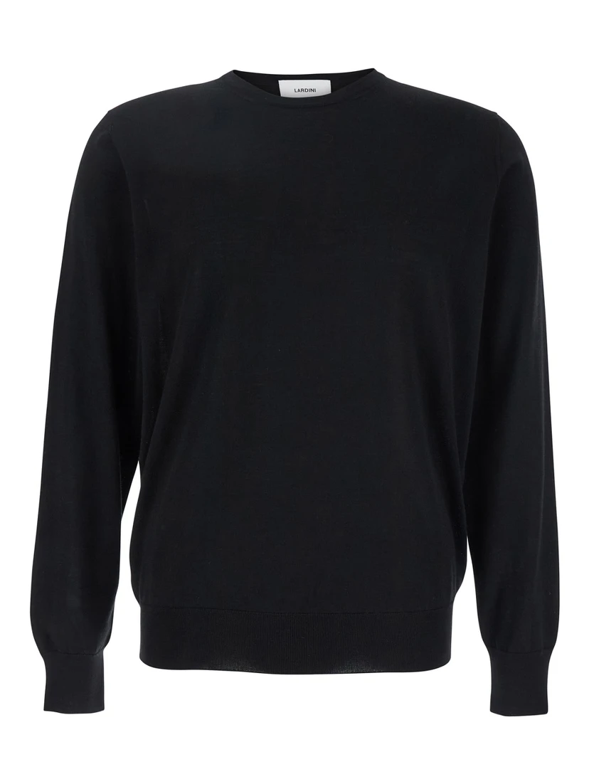 Black Round Neck Sweater with Long Sleeves in Wool and Silk Blend Man