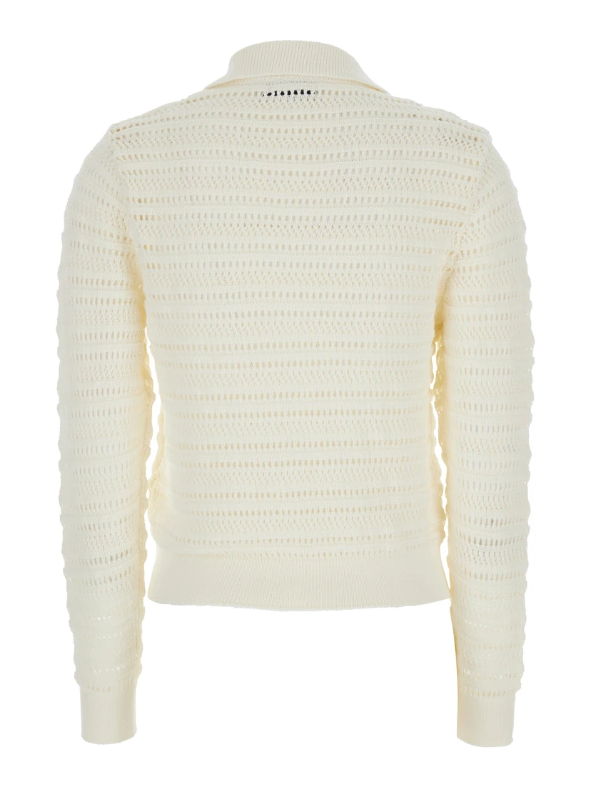 White Cardigan with Spread Collar in Cotton Woman