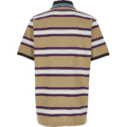 Beige Polo Shirt with Logo Imprinted on the Front and All-Over Striped Motif in Cotton Man
