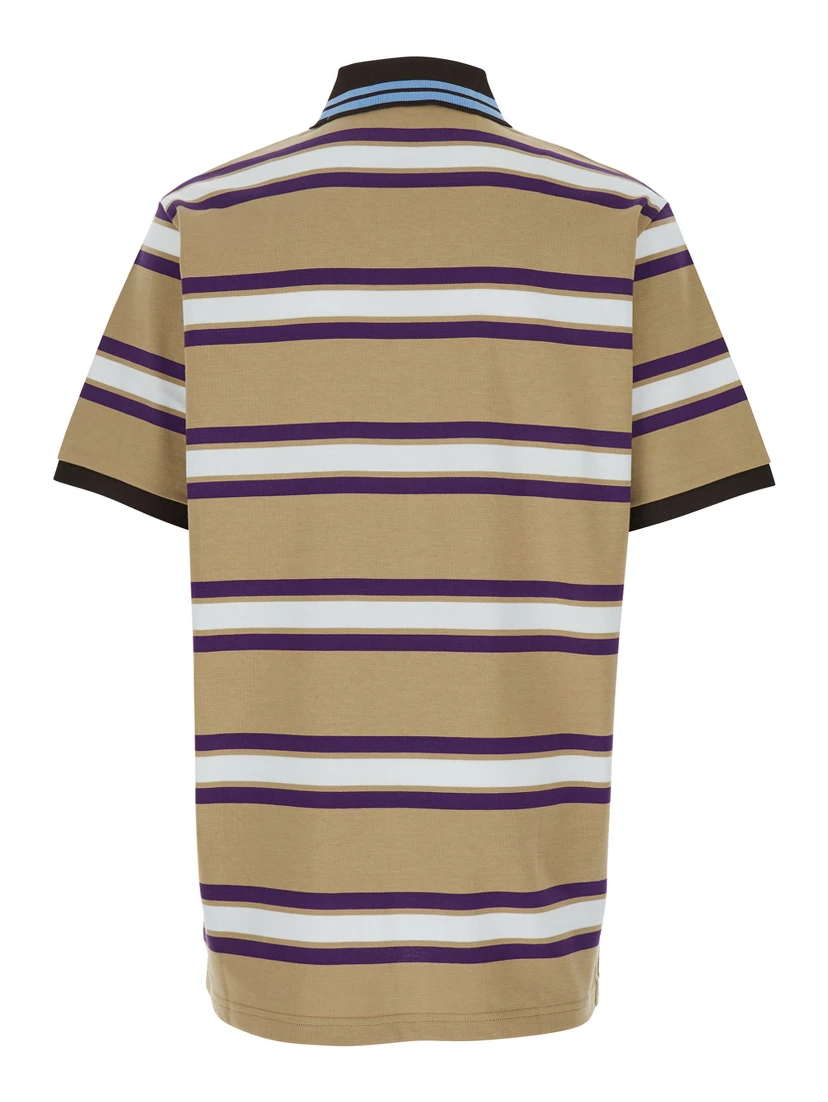 Beige Polo Shirt with Logo Imprinted on the Front and All-Over Striped Motif in Cotton Man