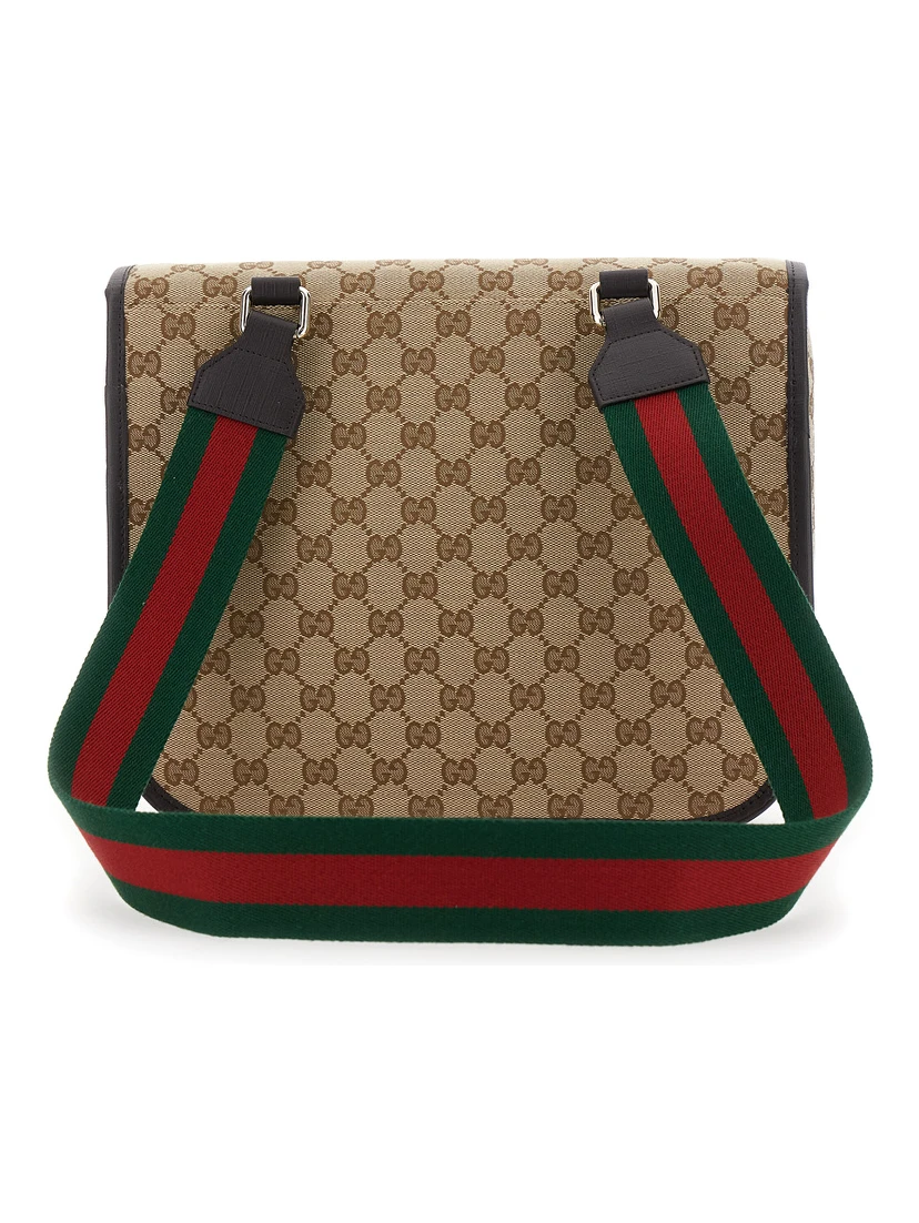 Beige Crossbody Bag with All-Over GG Motif and Web Detail in Fabric Boy