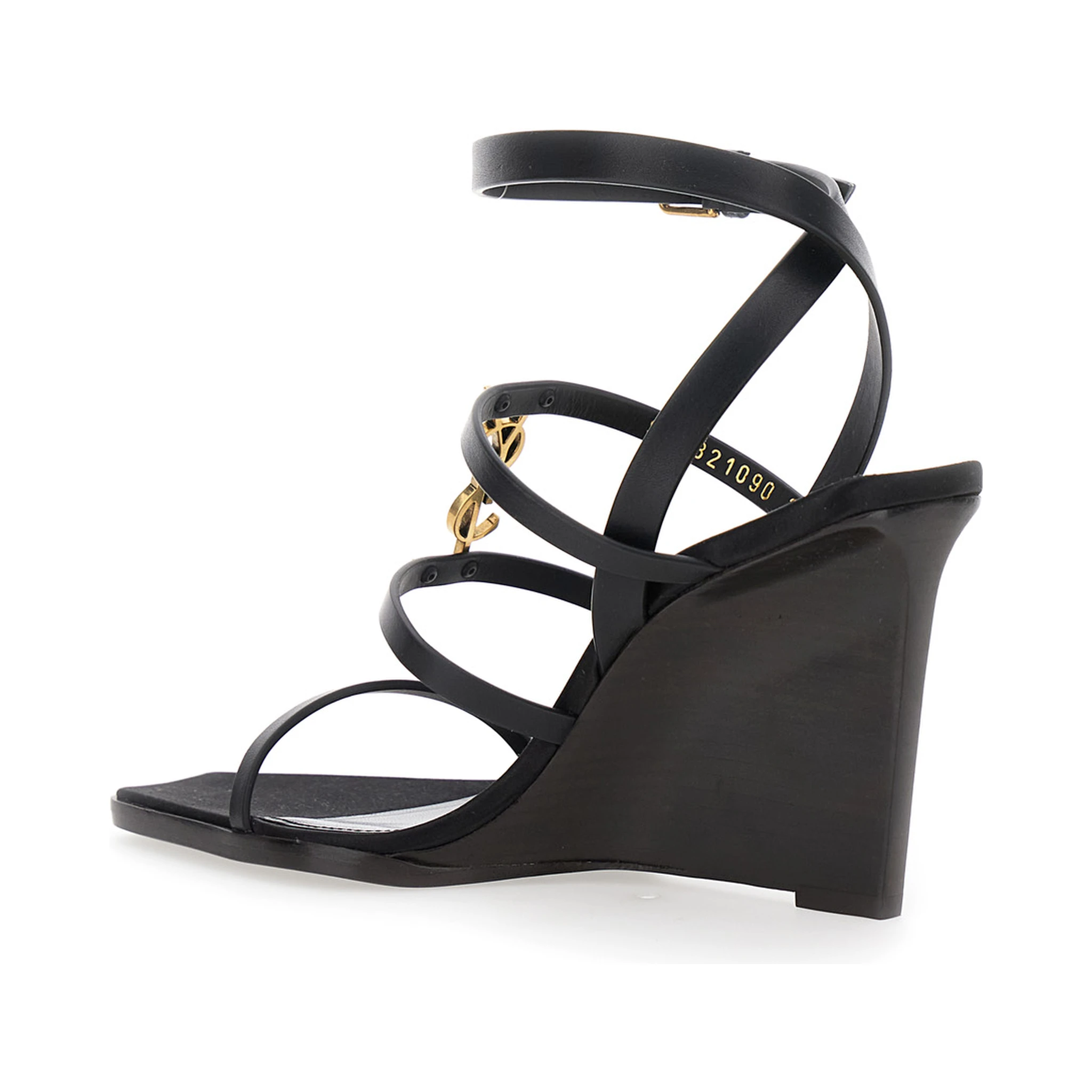 Black Wedges with Metallic Cassandre Detail and Adjustable Leather Strap in Leather Women