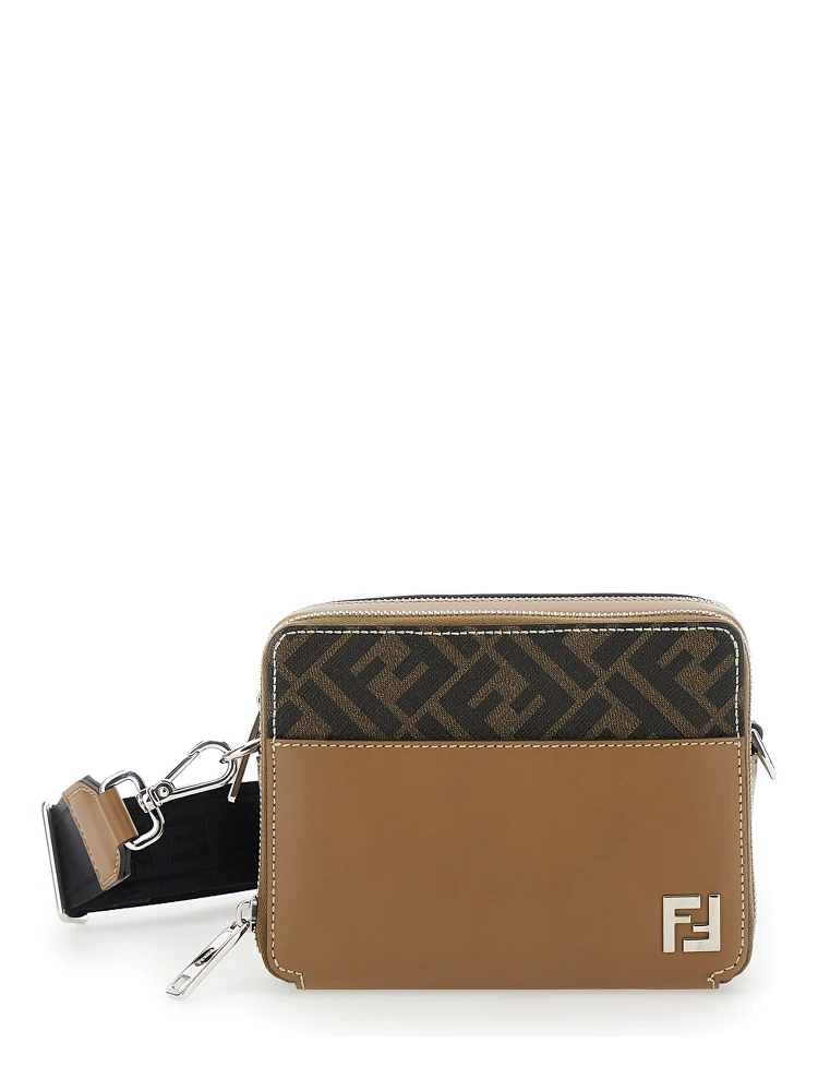 Camera Case Organizer Beige and Brown Crossbody Bag with FF Motif in Leather and Canvas Man