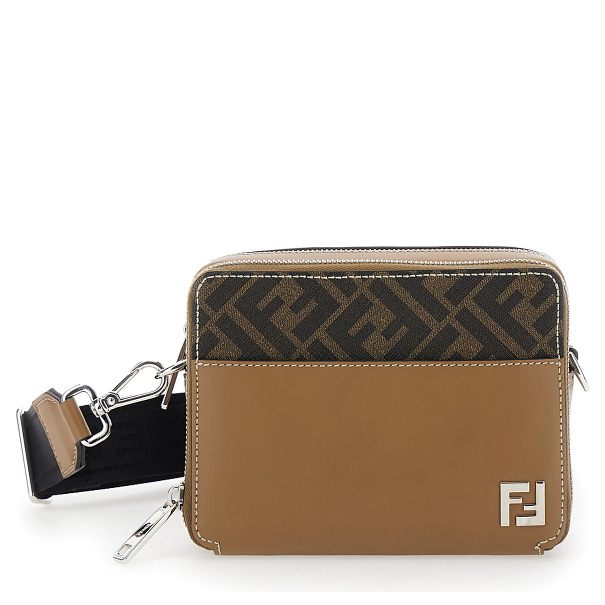 Camera Case Organizer Beige and Brown Crossbody Bag with FF Motif in Leather and Canvas Man