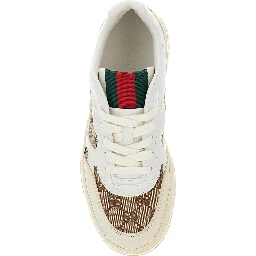 White and Beige Low Top Sneakers with Web Detail in Leather and GG Supreme Canvas Woman