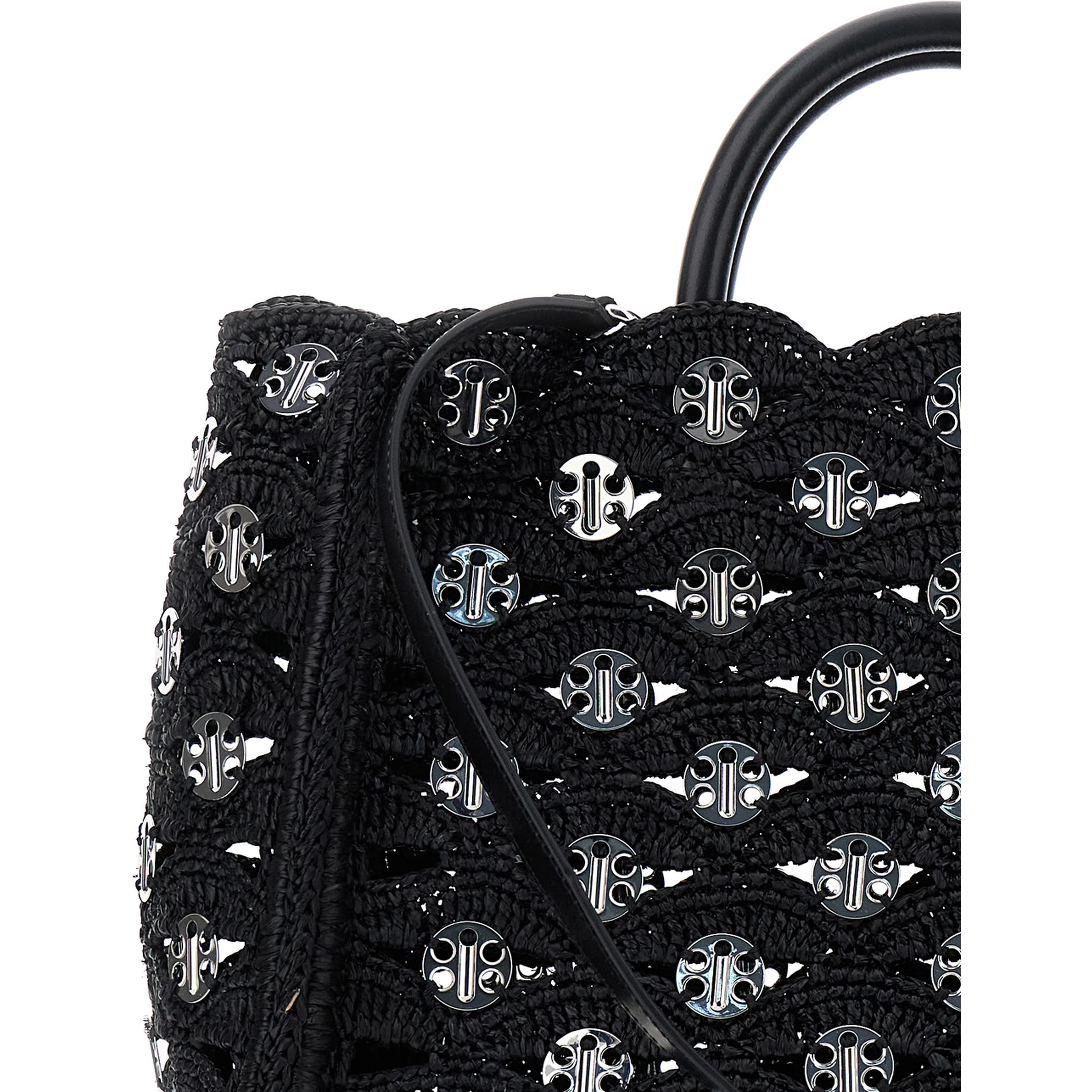 Black Handbag with Weaving and All-Over Disc Details in Raphia Woman