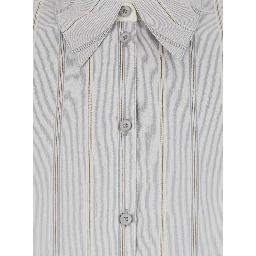 Blue Shirt with Classic Collar and All-Over Striped Motif in Cotton Woman