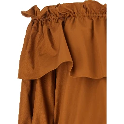 Brown Ruffle Dress with Bare Shoulders in Cotton Twill Woman