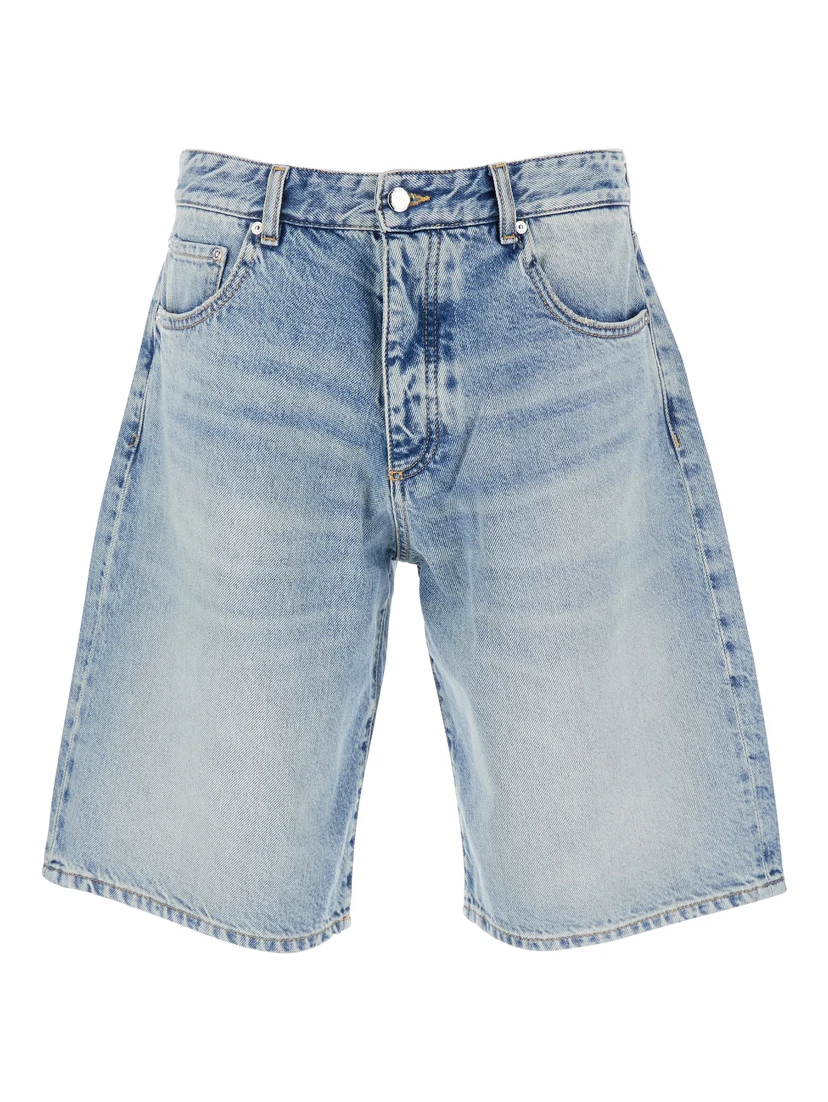 Light Blue Five-Pocket Bermuda Shorts with Logo Patch on the Back in Denim Man