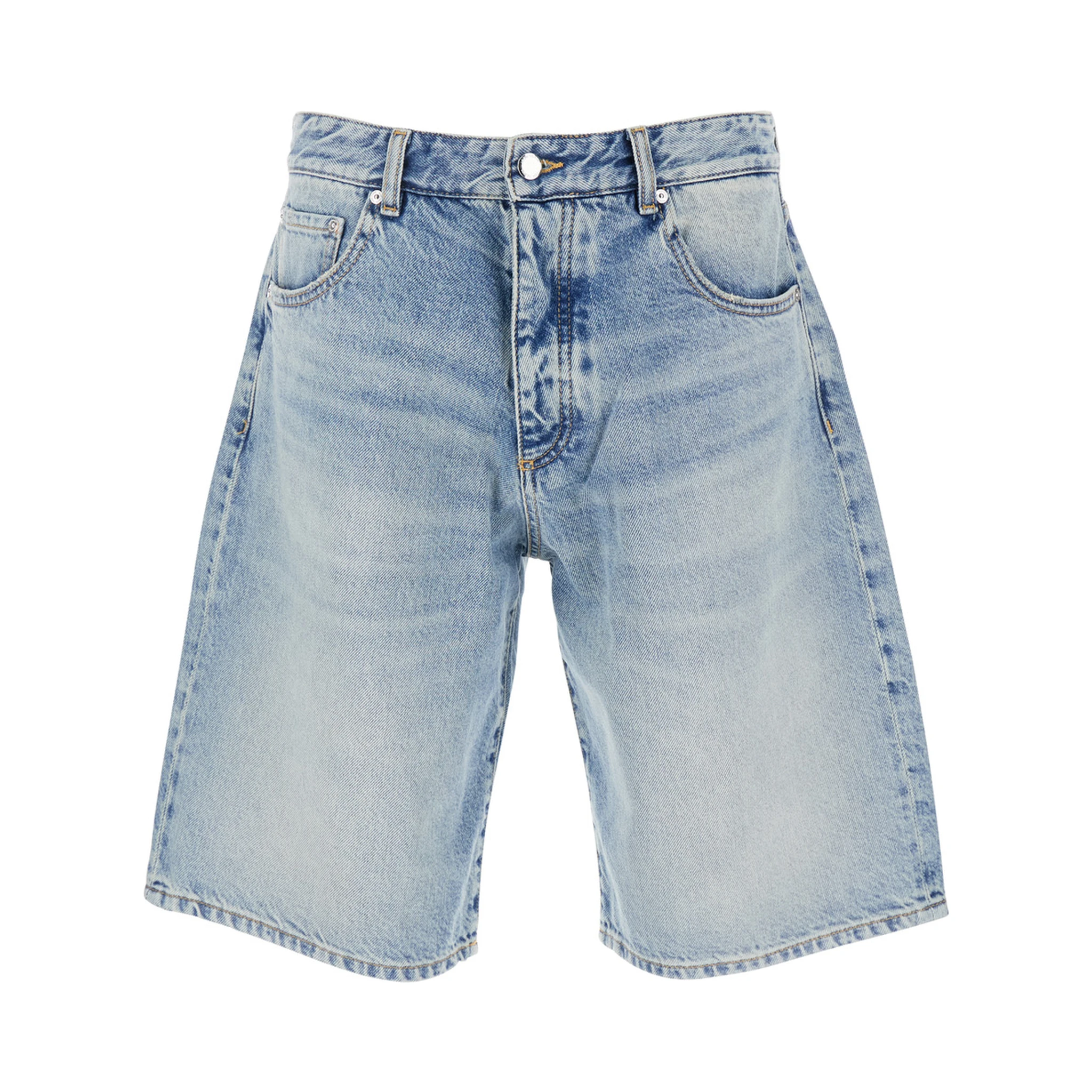 Light Blue Five-Pocket Bermuda Shorts with Logo Patch on the Back in Denim Man