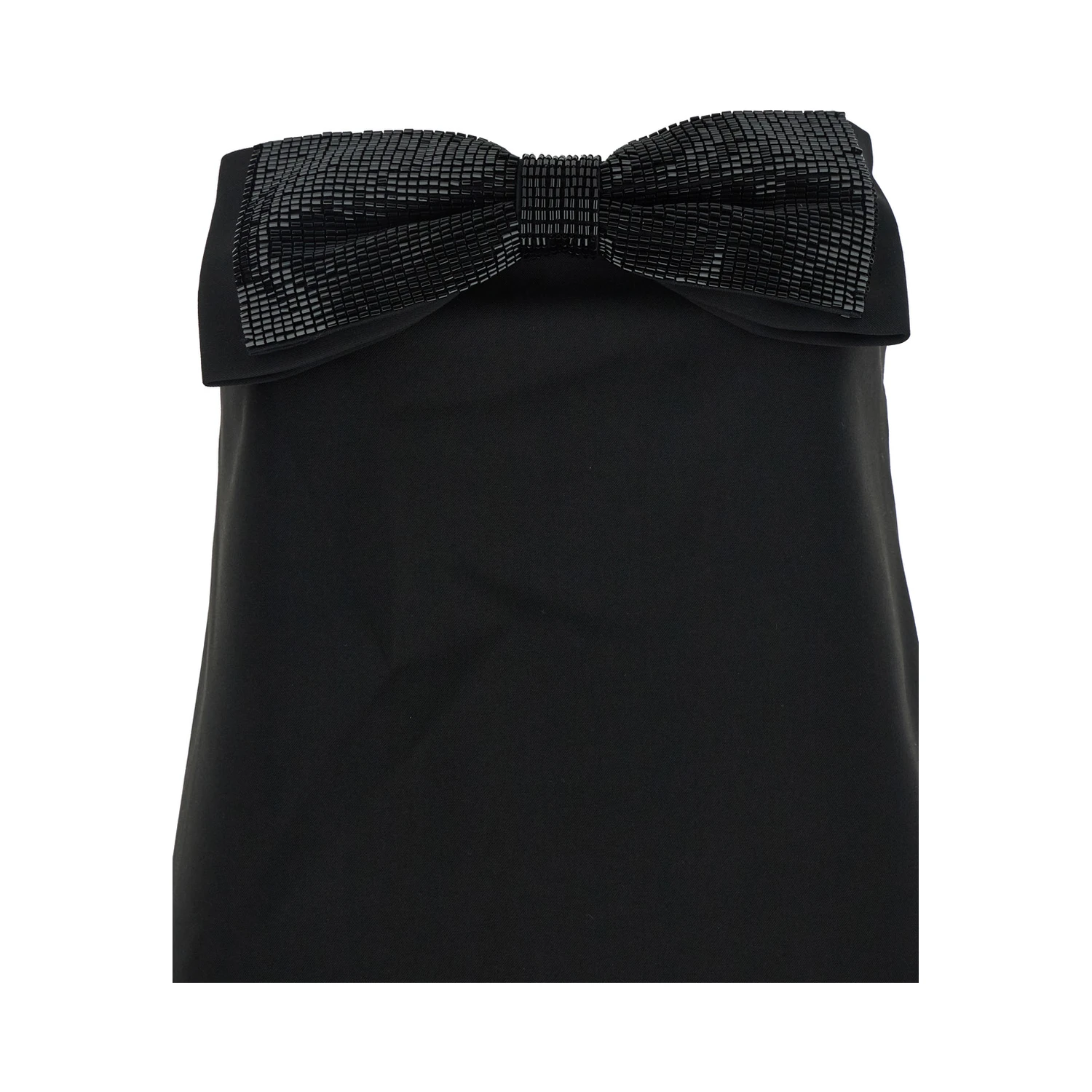 Black Sleeveless Mini Dress with Bandeau and Beaded Oversize Bow in Tech Fabric Woman