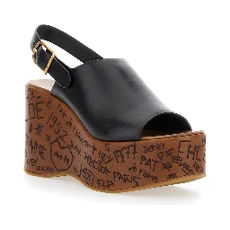 Maxime Black Wedge with Engraved Written Decorations and Logo Buckle in Leather Woman
