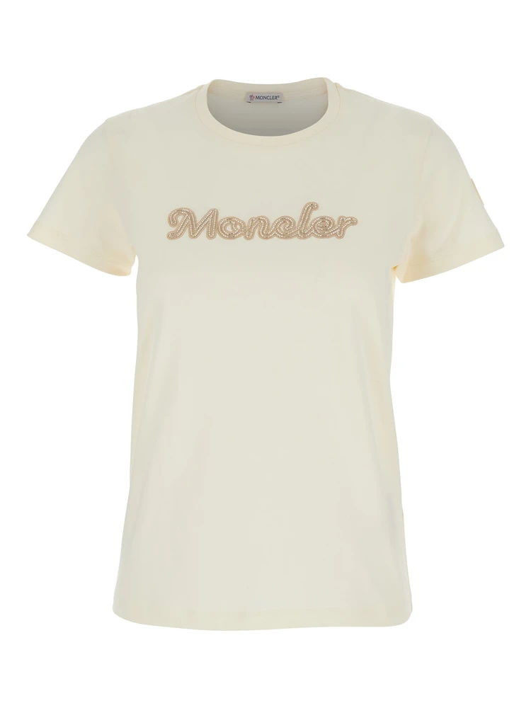 White T-Shirt with Embroidered Logo on the Front and Logo Patch on the Sleeve in Cotton Woman