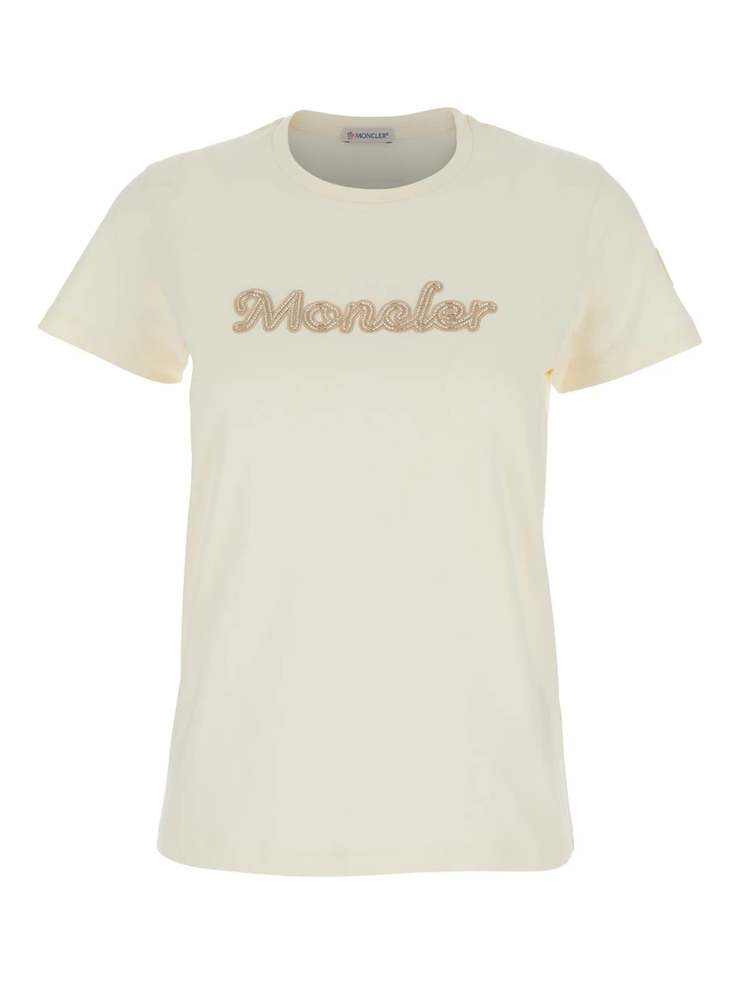 White T-Shirt with Embroidered Logo on the Front and Logo Patch on the Sleeve in Cotton Woman