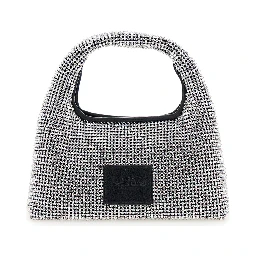 حقيبة يد صغيرة معدنية مزينة بشعار في الخلف ومزينة بالكامل بالكريستال، مصنوعة من قماش تقني نسائي