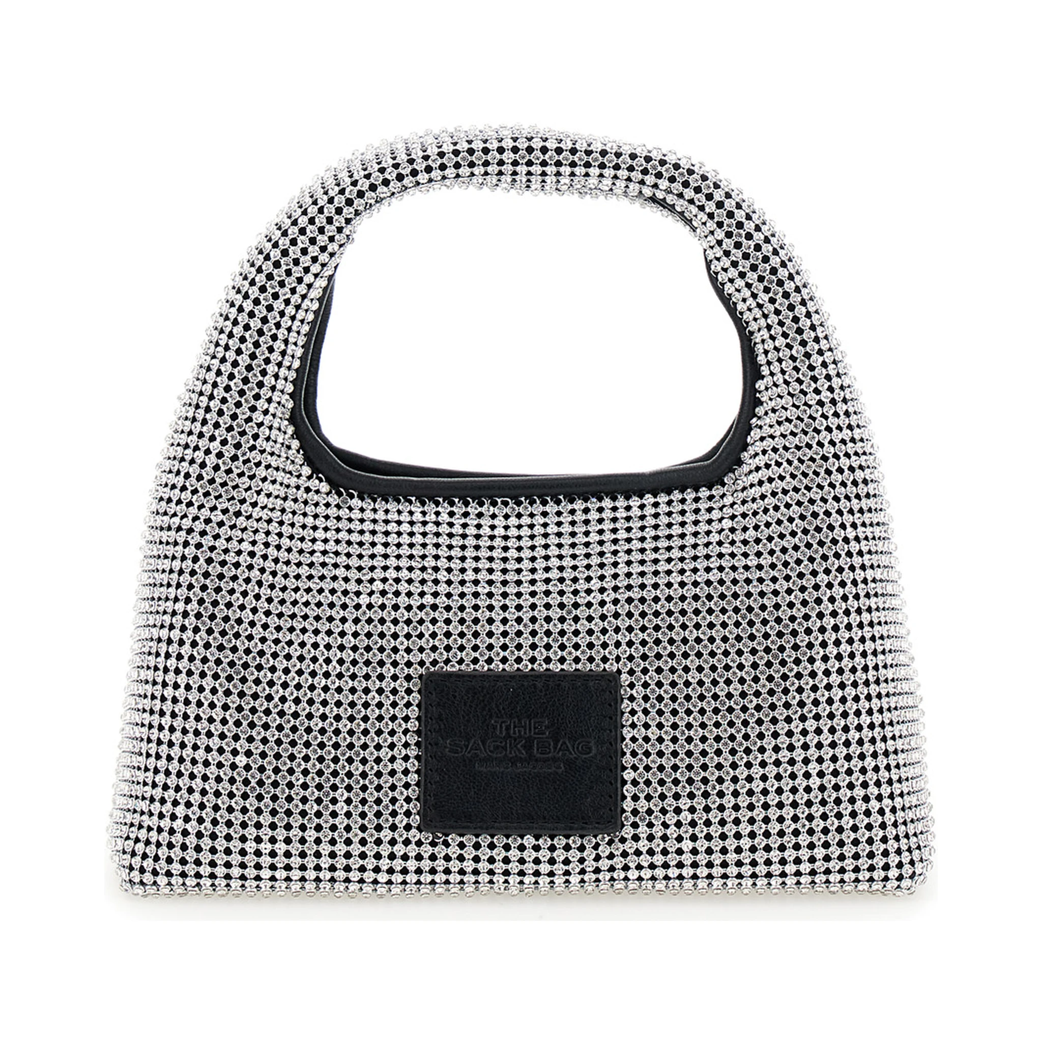 حقيبة يد صغيرة معدنية مزينة بشعار في الخلف ومزينة بالكامل بالكريستال، مصنوعة من قماش تقني نسائي