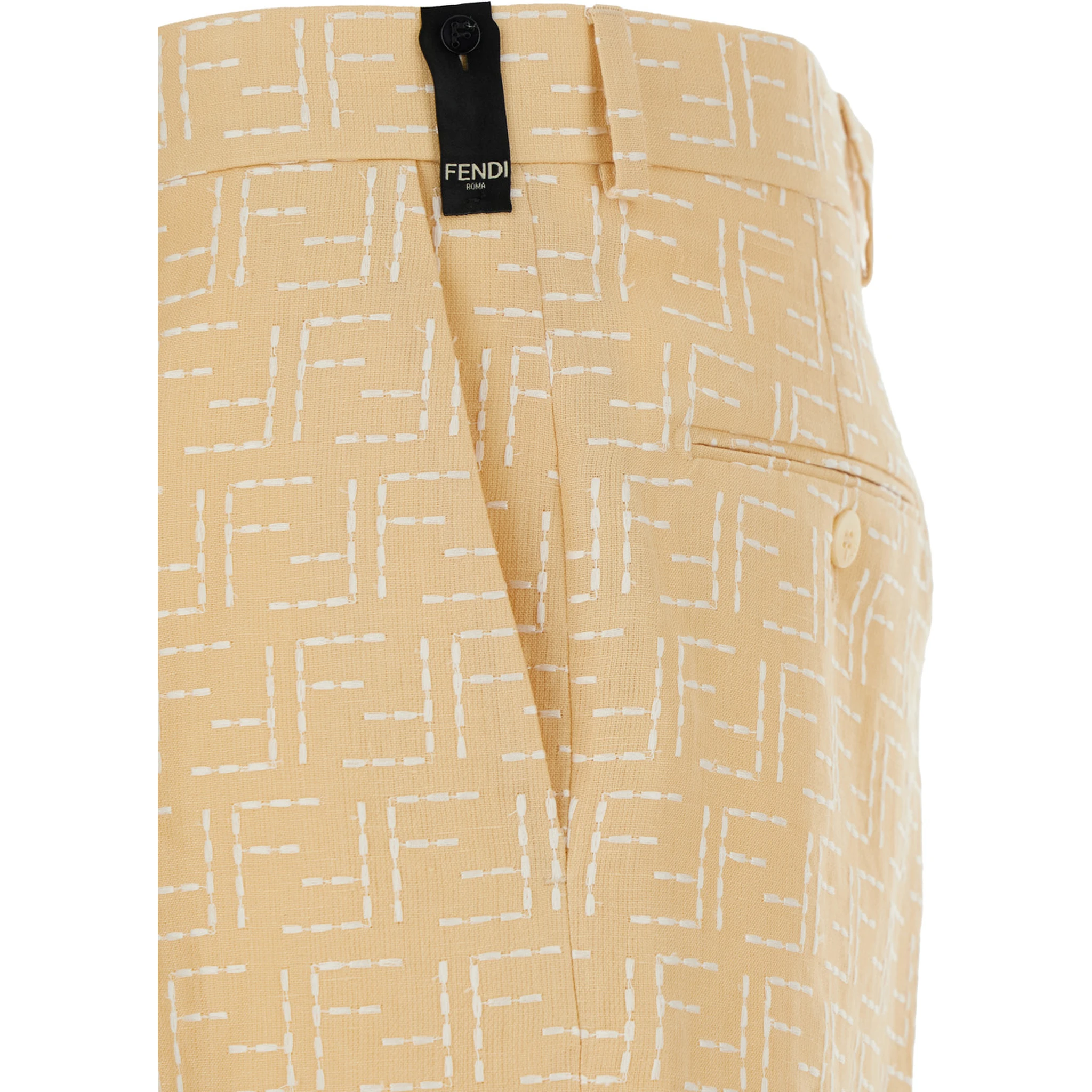 Yellow Pants with Belt Loops and All-Over FF Motif in Linen Blend Man