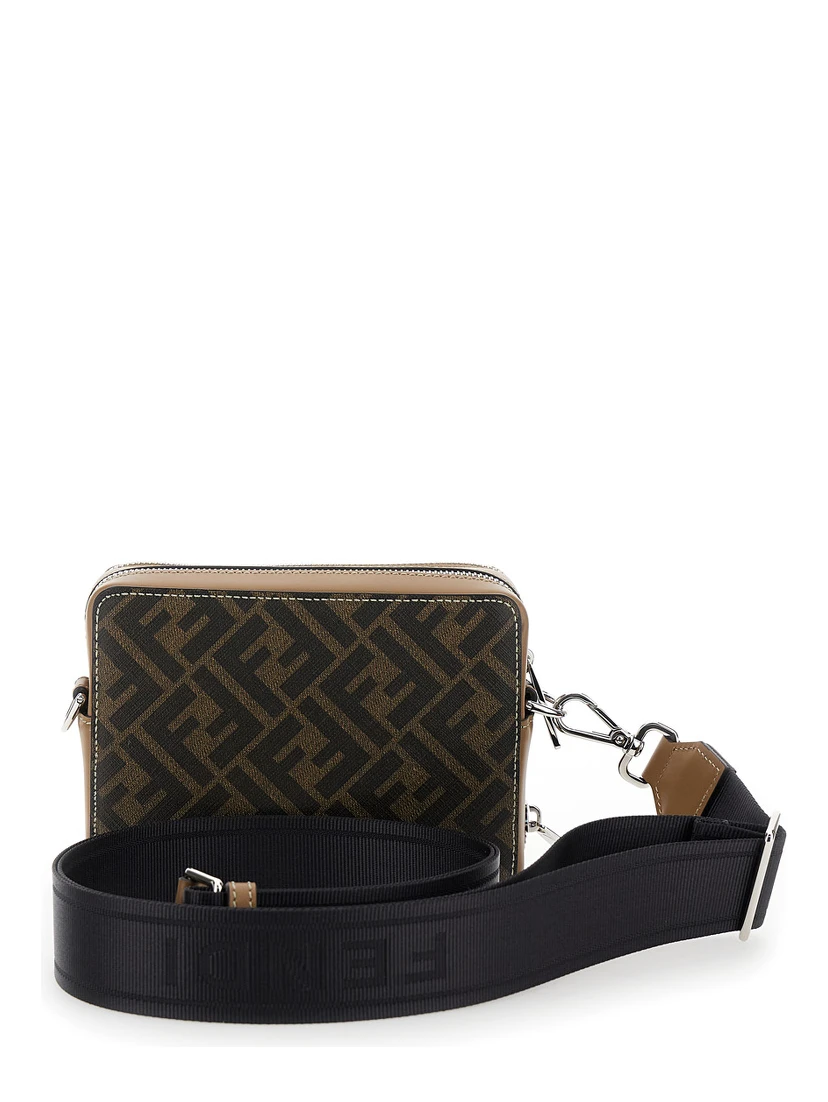 Camera Case Organizer Beige and Brown Crossbody Bag with FF Motif in Leather and Canvas Man
