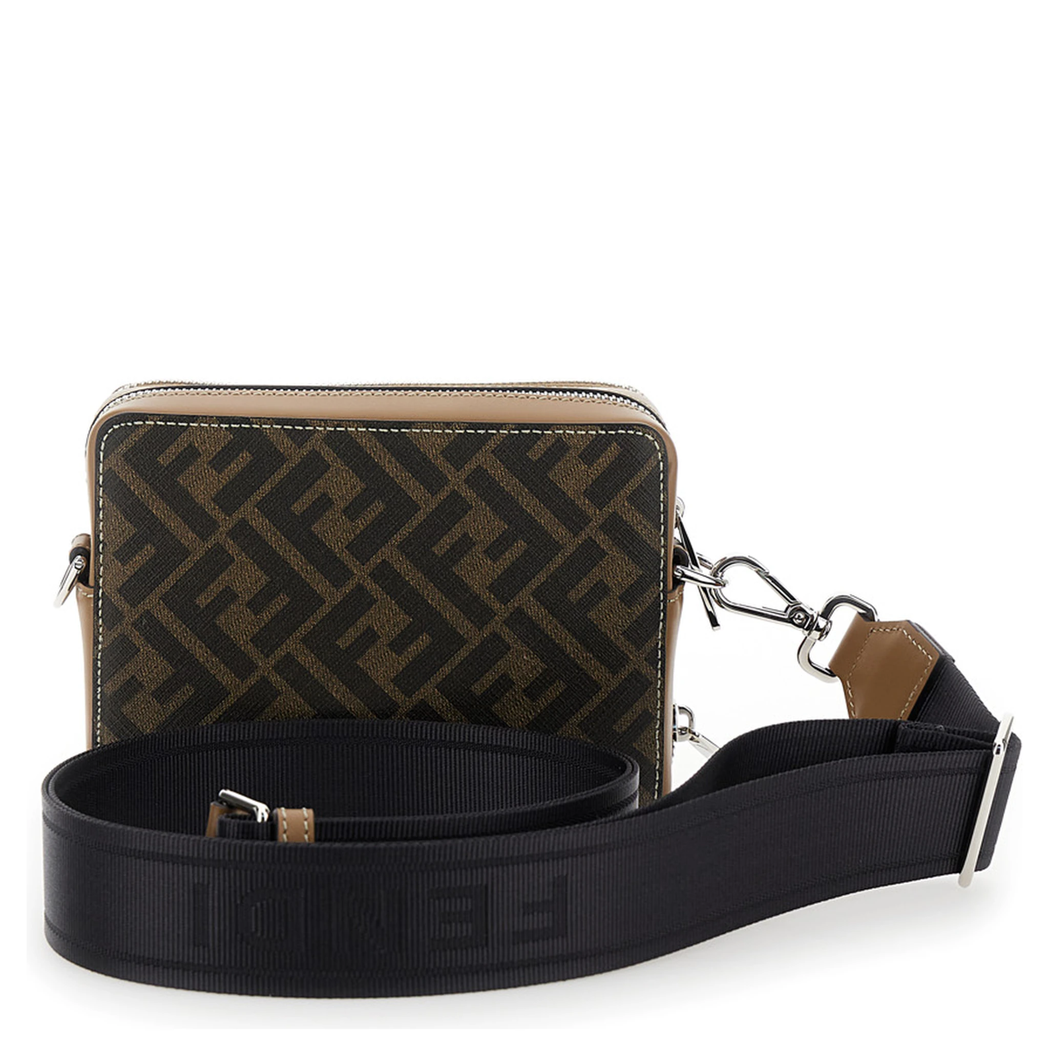 Camera Case Organizer Beige and Brown Crossbody Bag with FF Motif in Leather and Canvas Man