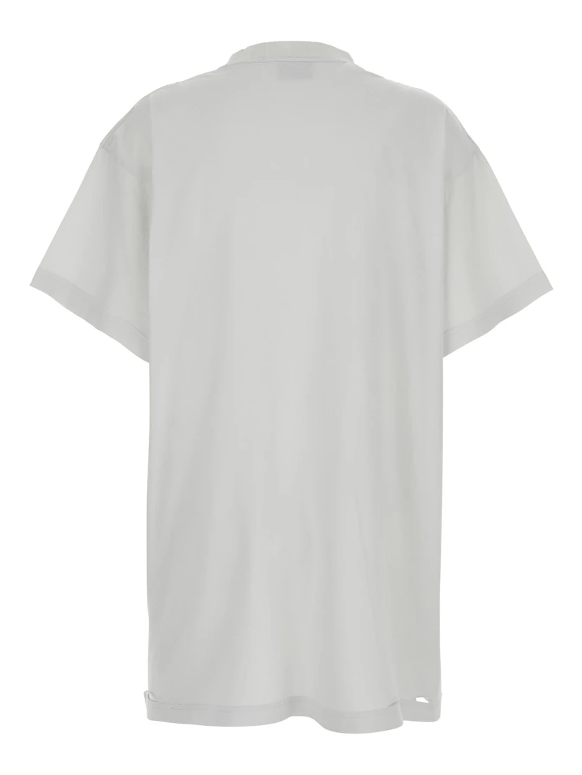 White T-Shirt with Logo Printed on the Front and Torn Details in Cotton Woman