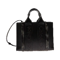 Small Woody Black Tote Bag with Tonal Logo Detail in Leather Woman