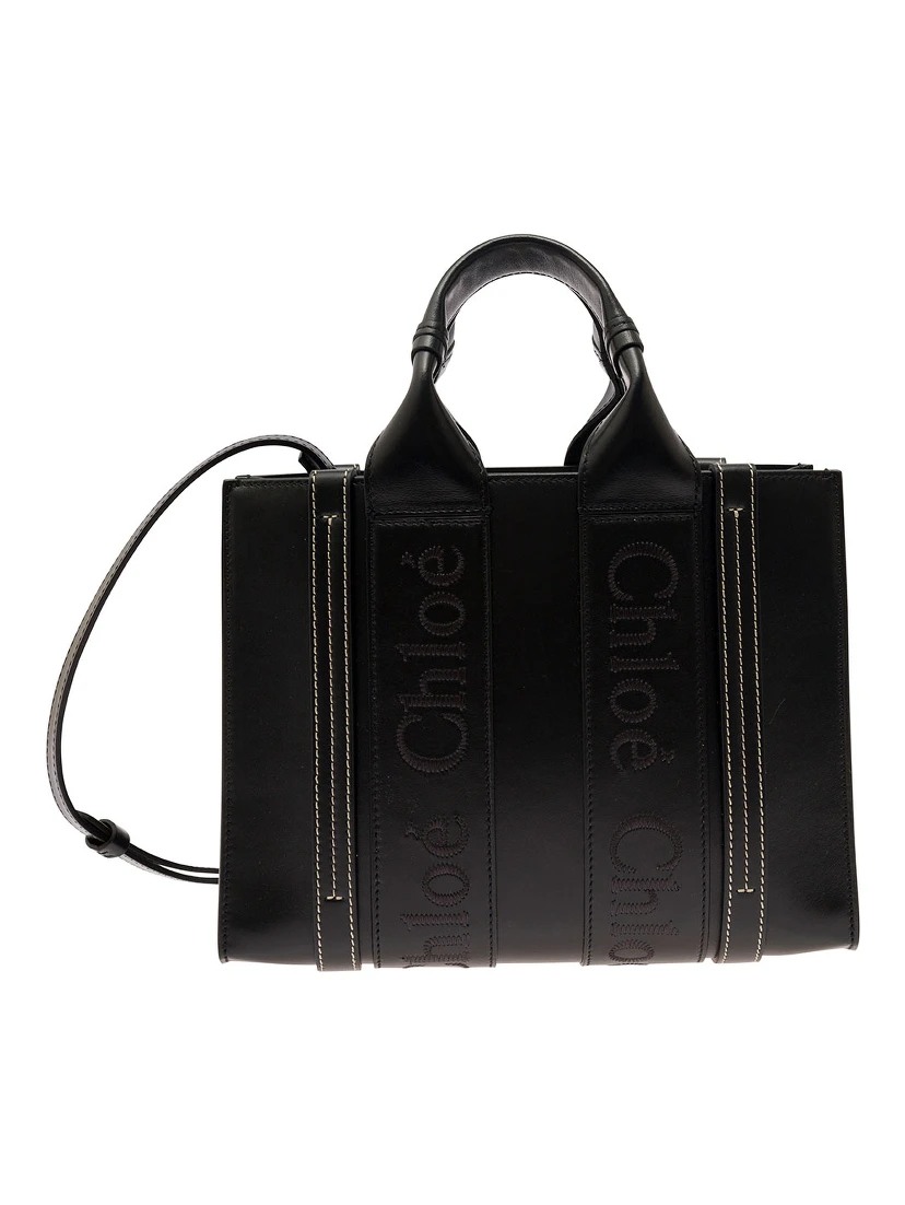Small Woody Black Tote Bag with Tonal Logo Detail in Leather Woman