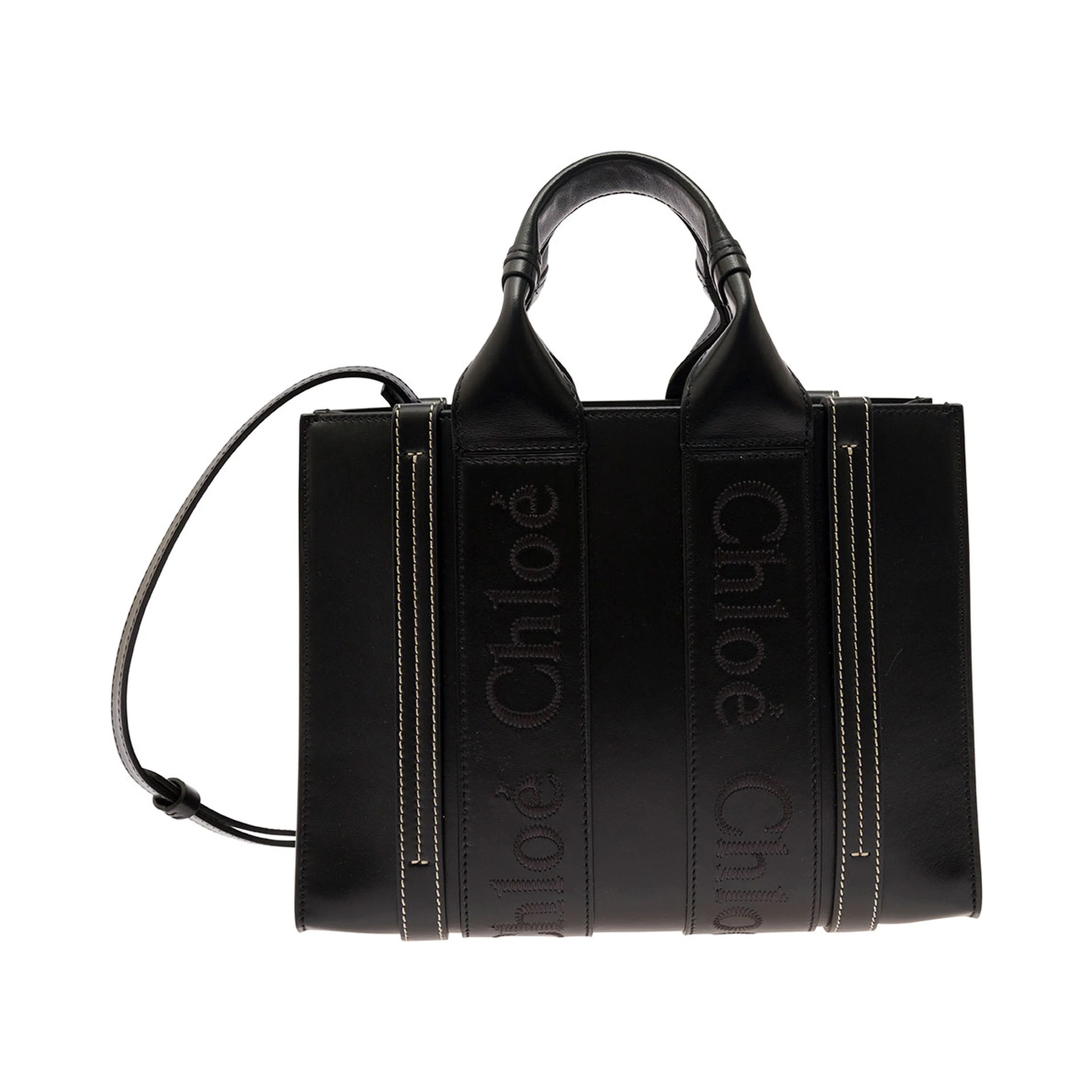 Small Woody Black Tote Bag with Tonal Logo Detail in Leather Woman