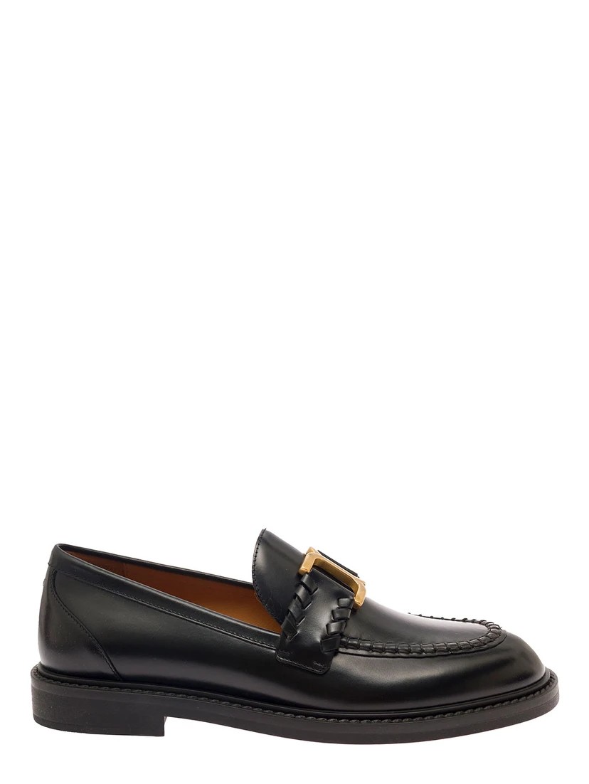 Marcie Black Loafers with Gold-Colored Metal Logo in Smooth Leather Woman
