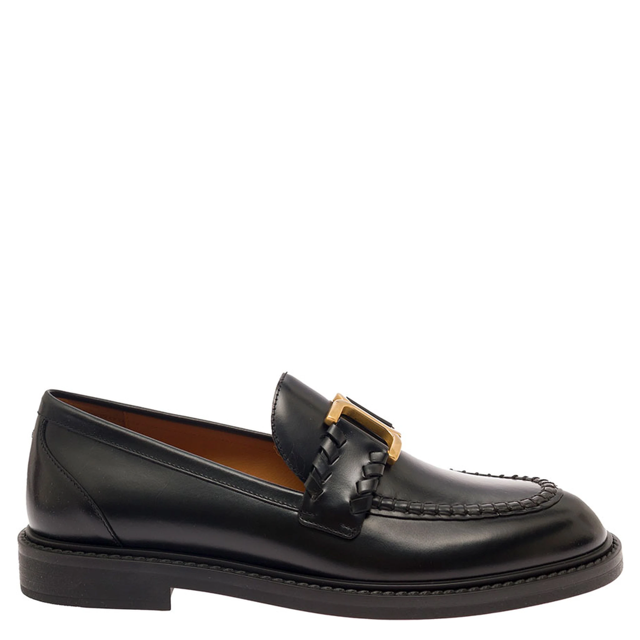 Marcie Black Loafers with Gold-Colored Metal Logo in Smooth Leather Woman