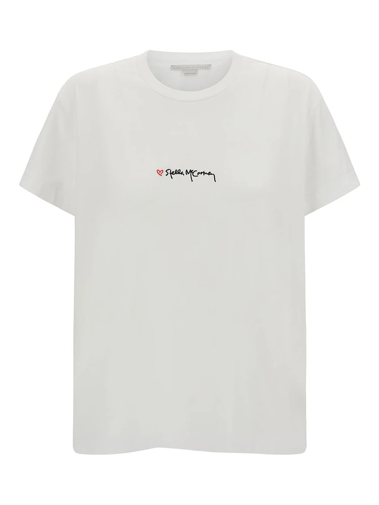 White Crewneck T-Shirt with Embroidered Logo at the Front in Cotton Woman