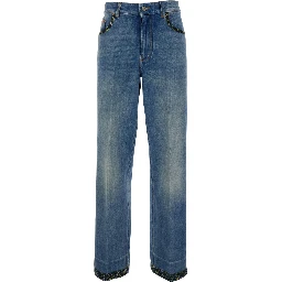 Blue Jeans with Logo Patch on the Rear and Floral Details in Denim Woman