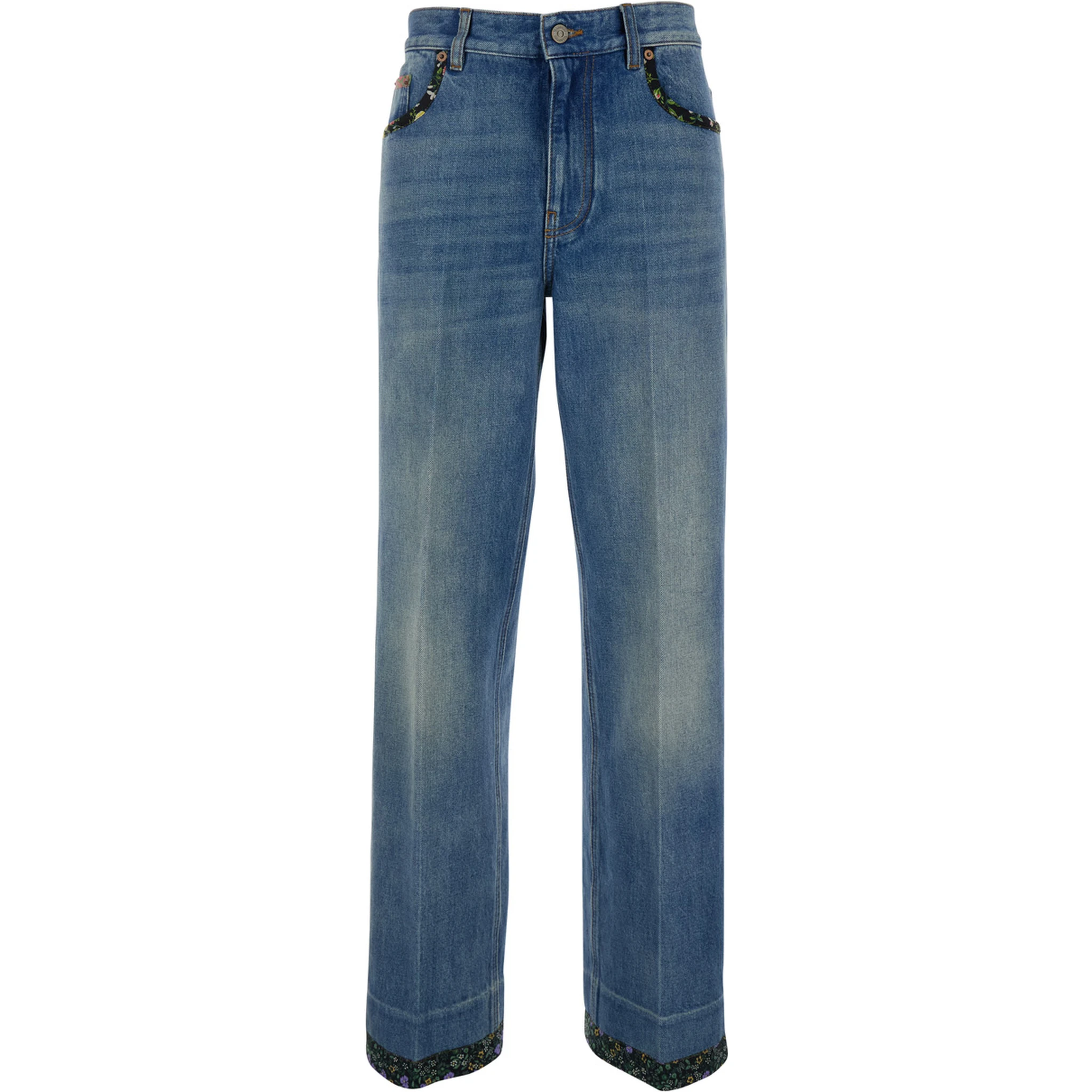 Blue Jeans with Logo Patch on the Rear and Floral Details in Denim Woman