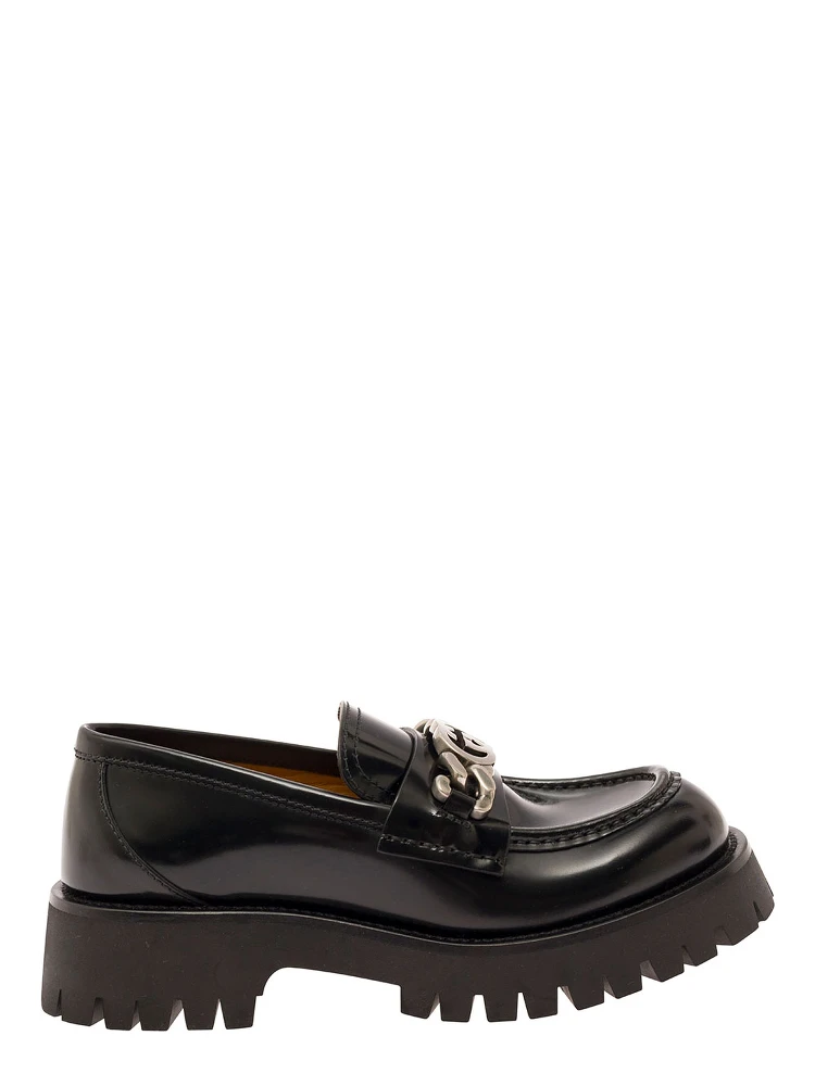 Jeanne Black Loafers with Interlocking G Detail and Lug Sole in Leather Woman