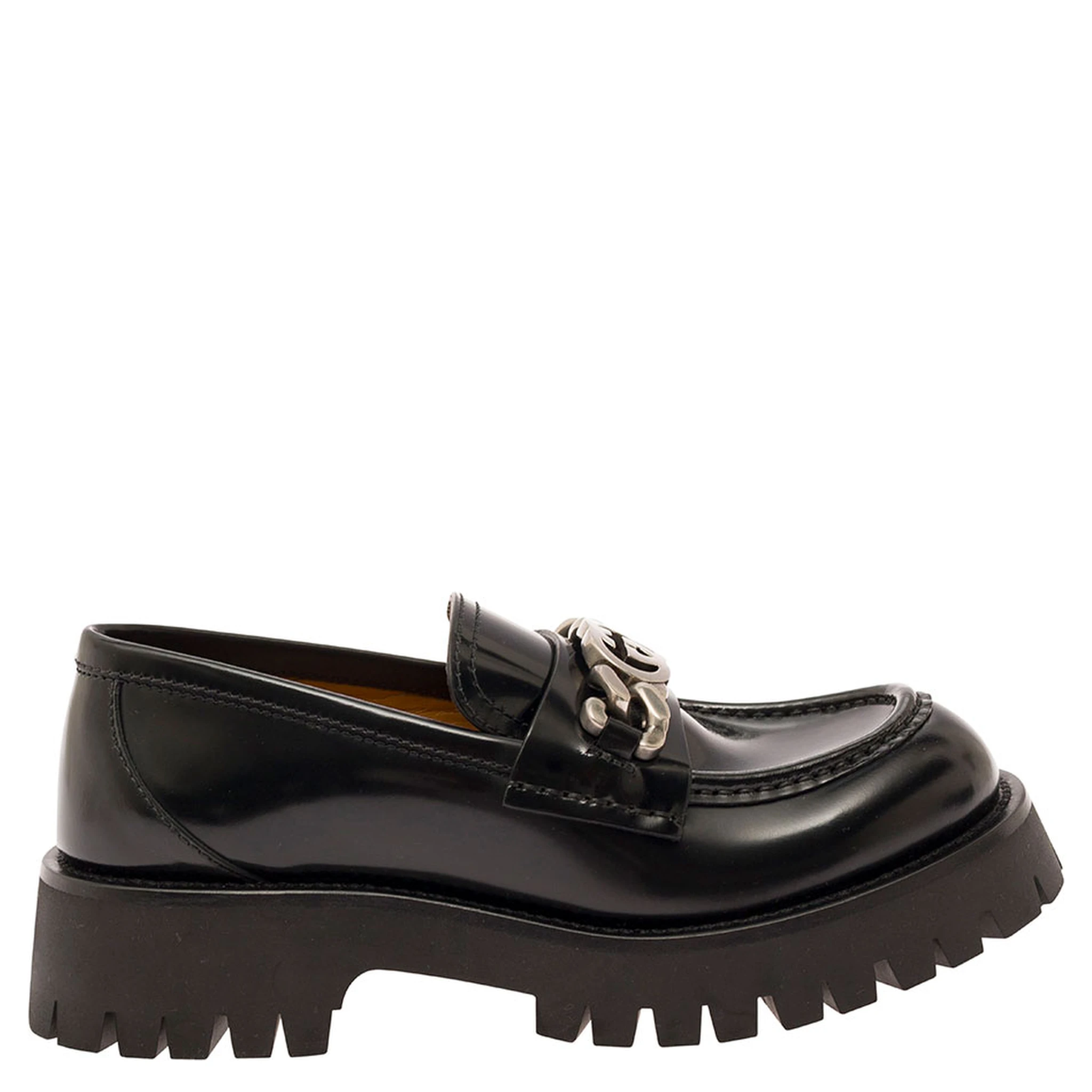 Jeanne Black Loafers with Interlocking G Detail and Lug Sole in Leather Woman