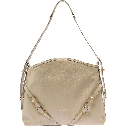 Voyou Beige Shoulder Bag with Embossed Logo in Smooth Leather Woman