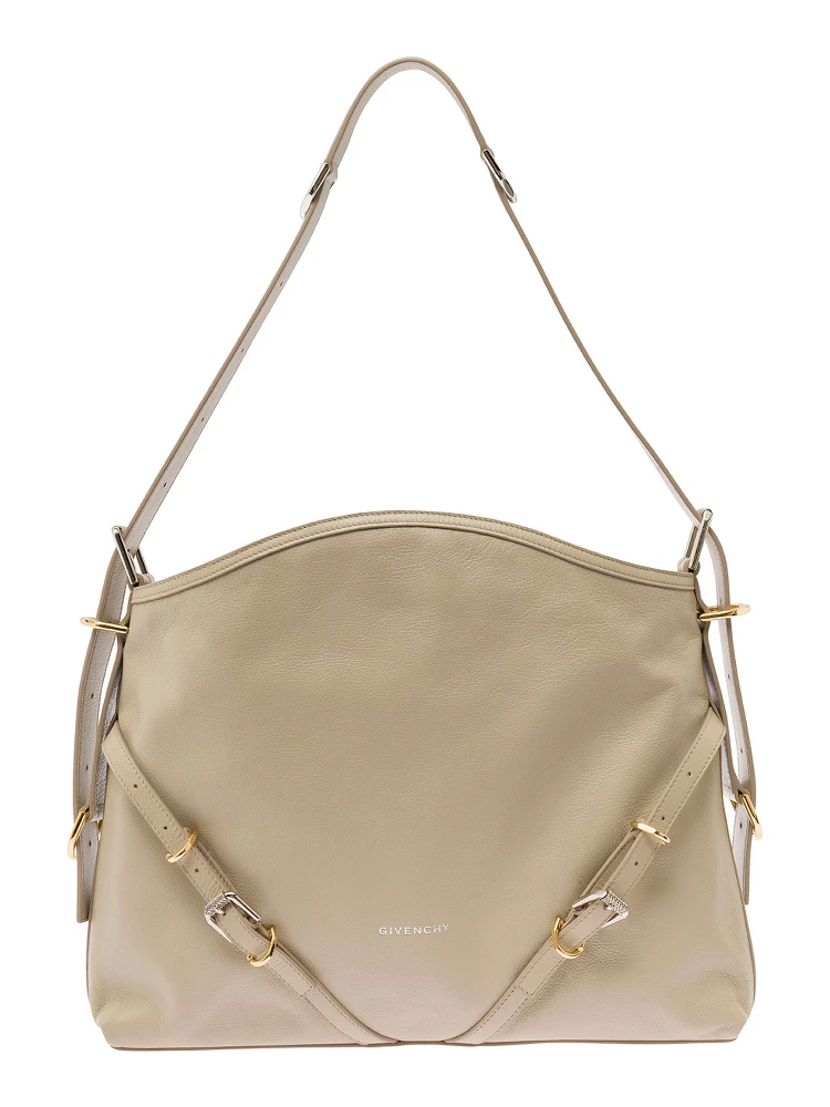 Voyou Beige Shoulder Bag with Embossed Logo in Smooth Leather Woman