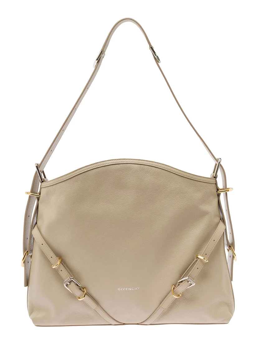 Voyou Beige Shoulder Bag with Embossed Logo in Smooth Leather Woman