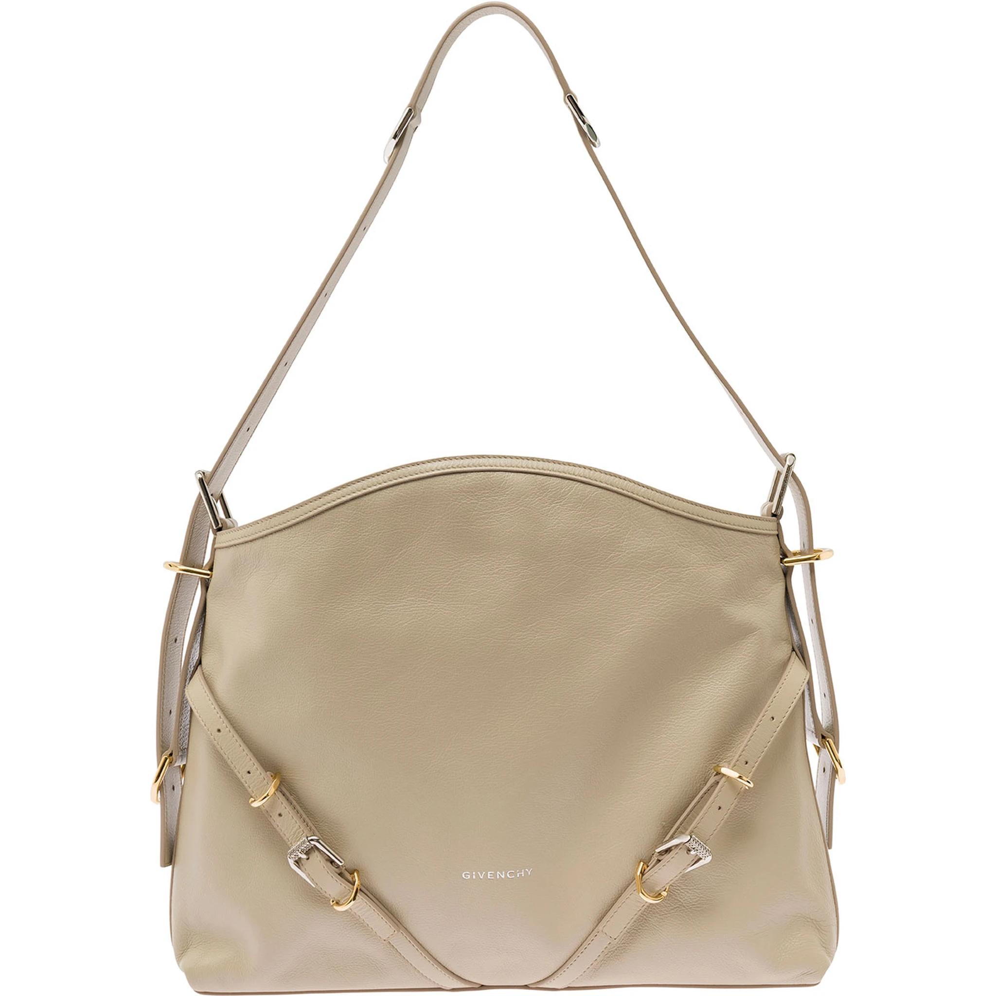 Voyou Beige Shoulder Bag with Embossed Logo in Smooth Leather Woman