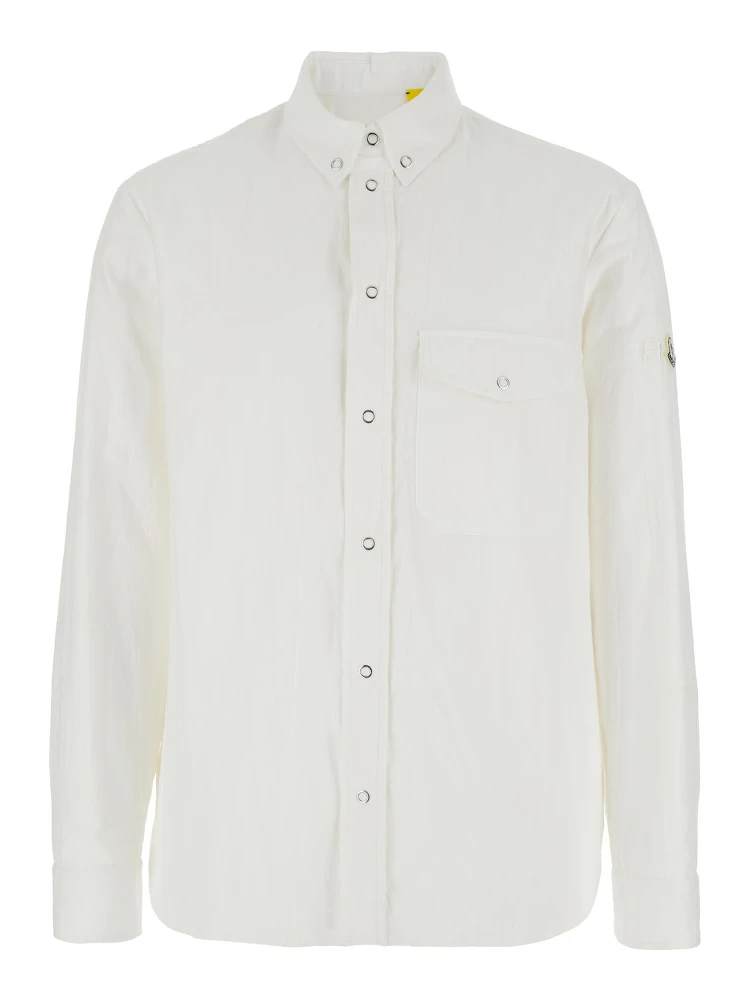 White Shirt with Classic Collar and Logo Patch on the Sleeve in Cotton Man