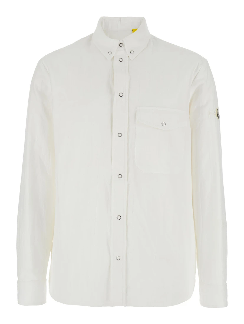 White Shirt with Classic Collar and Logo Patch on the Sleeve in Cotton Man