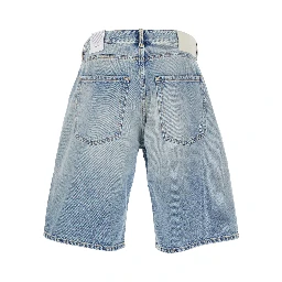 Light Blue Five-Pocket Bermuda Shorts with Logo Patch on the Back in Denim Man