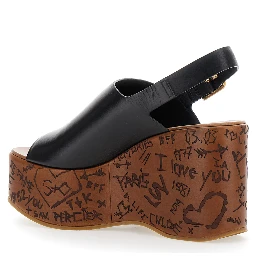 Maxime Black Wedge with Engraved Written Decorations and Logo Buckle in Leather Woman