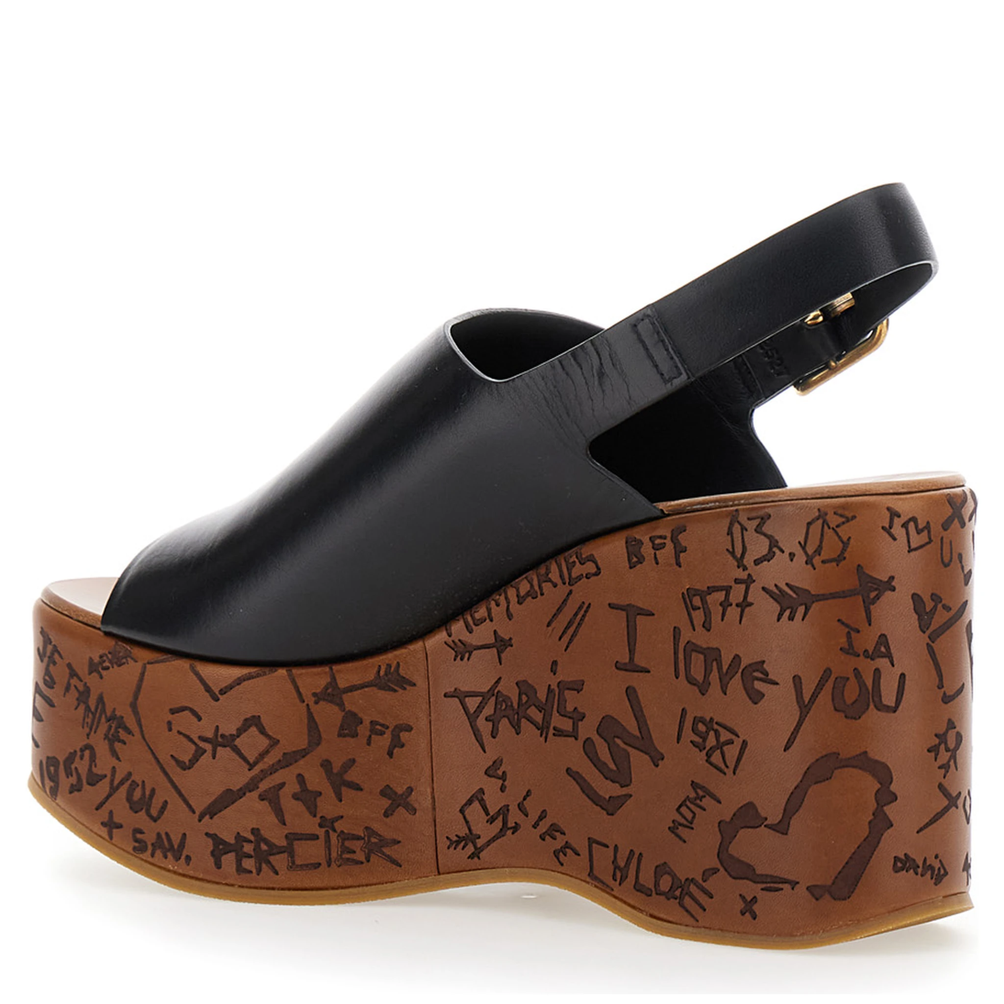 Maxime Black Wedge with Engraved Written Decorations and Logo Buckle in Leather Woman
