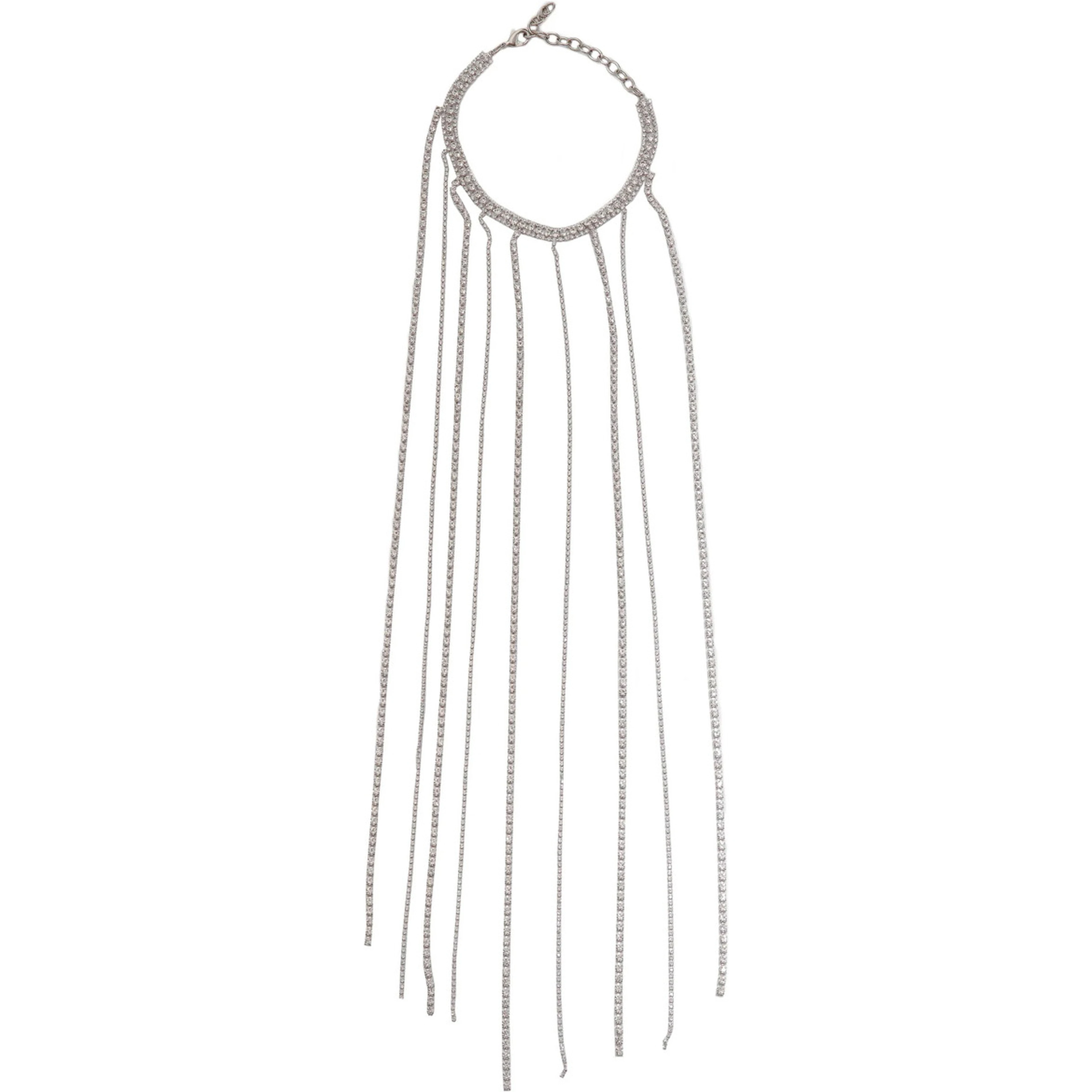 Silver-Colored Necklace with All-Over Applied Glass Crystals and Adjustable Clasp in Brass Woman