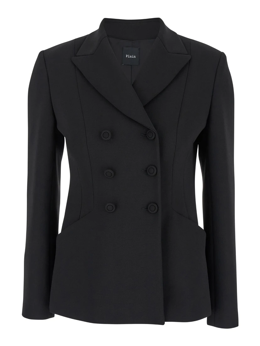Black Double-Breasted Jacket with Peak Revers in Fabric Woman