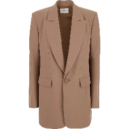 Beige Single-Breasted Jacket with Peak Lapels in Wool Woman