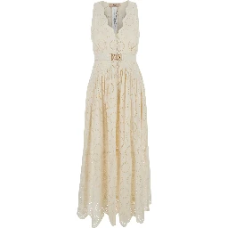 White Long Dress with V-Neck and Waist Belt with Metallic Logo Plaque in Cotton Woman